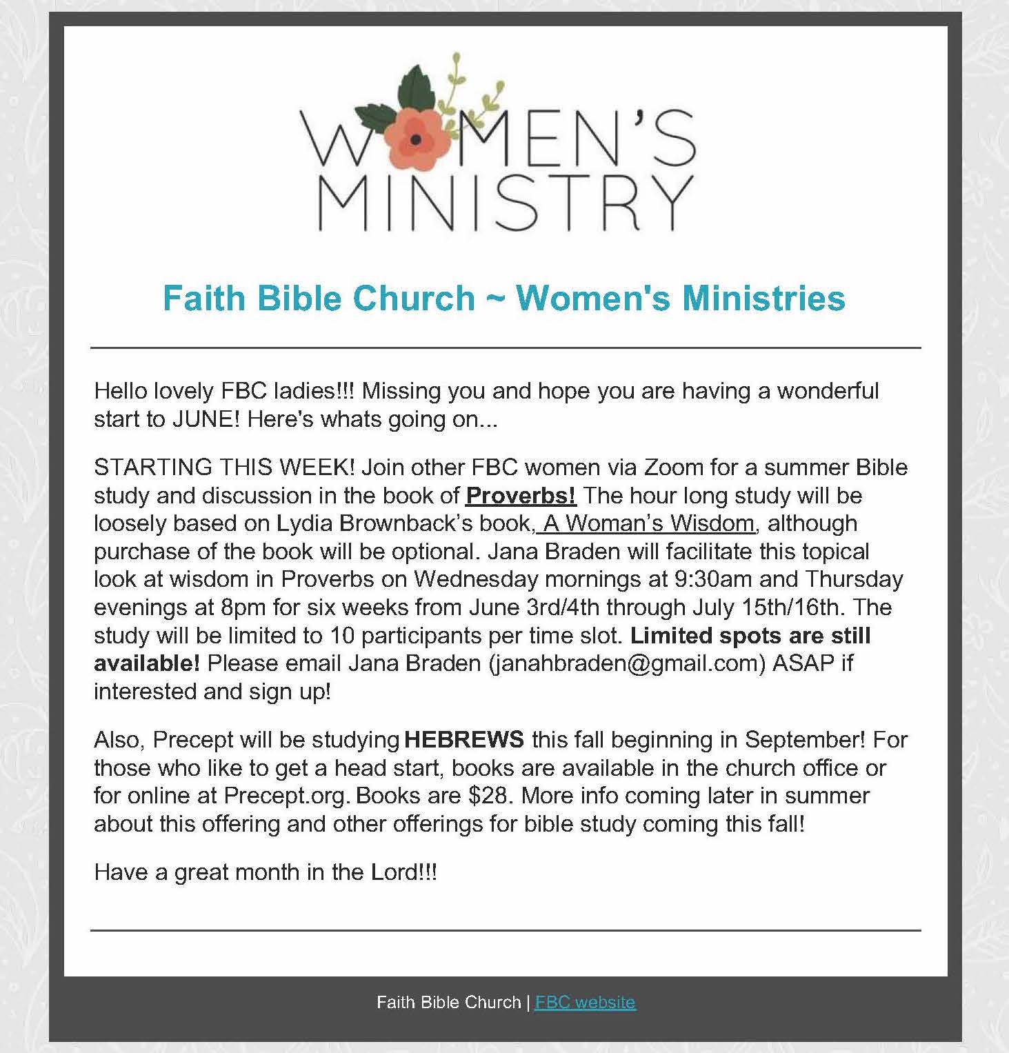 Connect with Women #39 s Ministries Faith Bible Church Cincinnati OH